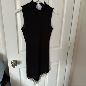 High Neck Fringe Bottom Black Mini Dress